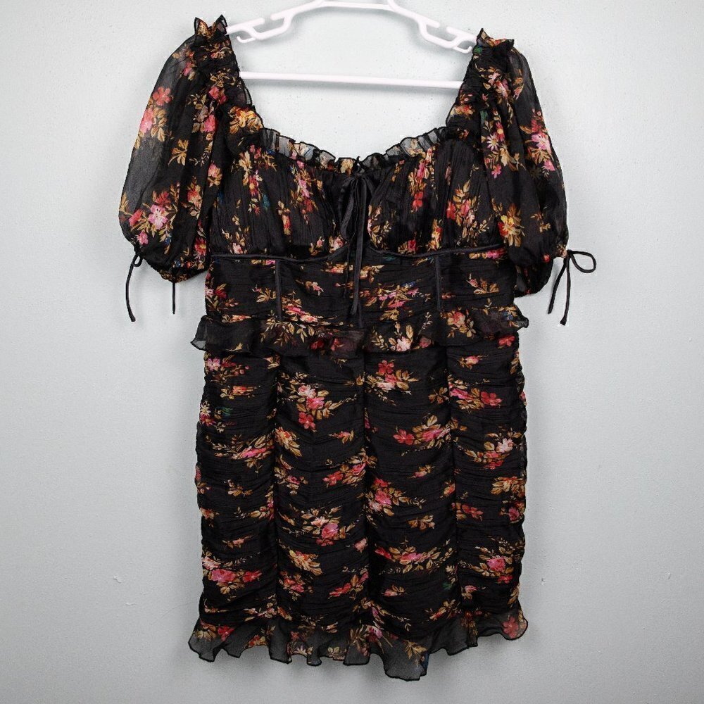Asos Design black floral ruched sheath mini dress-14